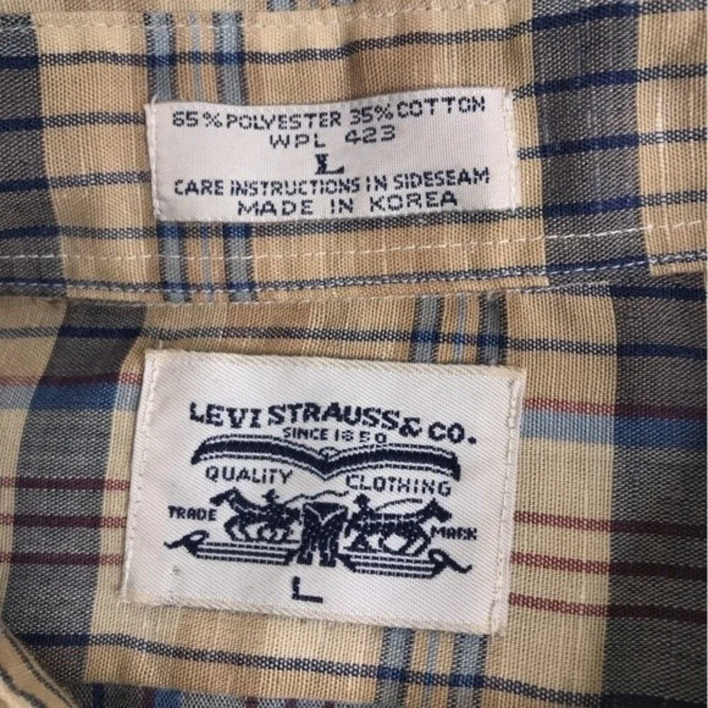 Vintage 1970s Levis Big E Tan Brown Plaid Button Front Long Sleeve Mens Large
